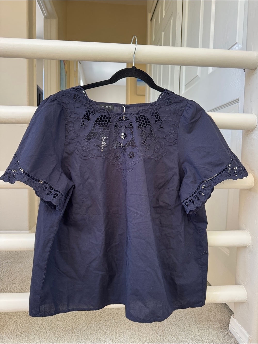 Talbots Navy Cutwork Yoke Short Sleeve Blouse